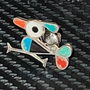 Zuni Native American Sterling Silver Inlaid Road Runner Pin Brooch Tie Tack
